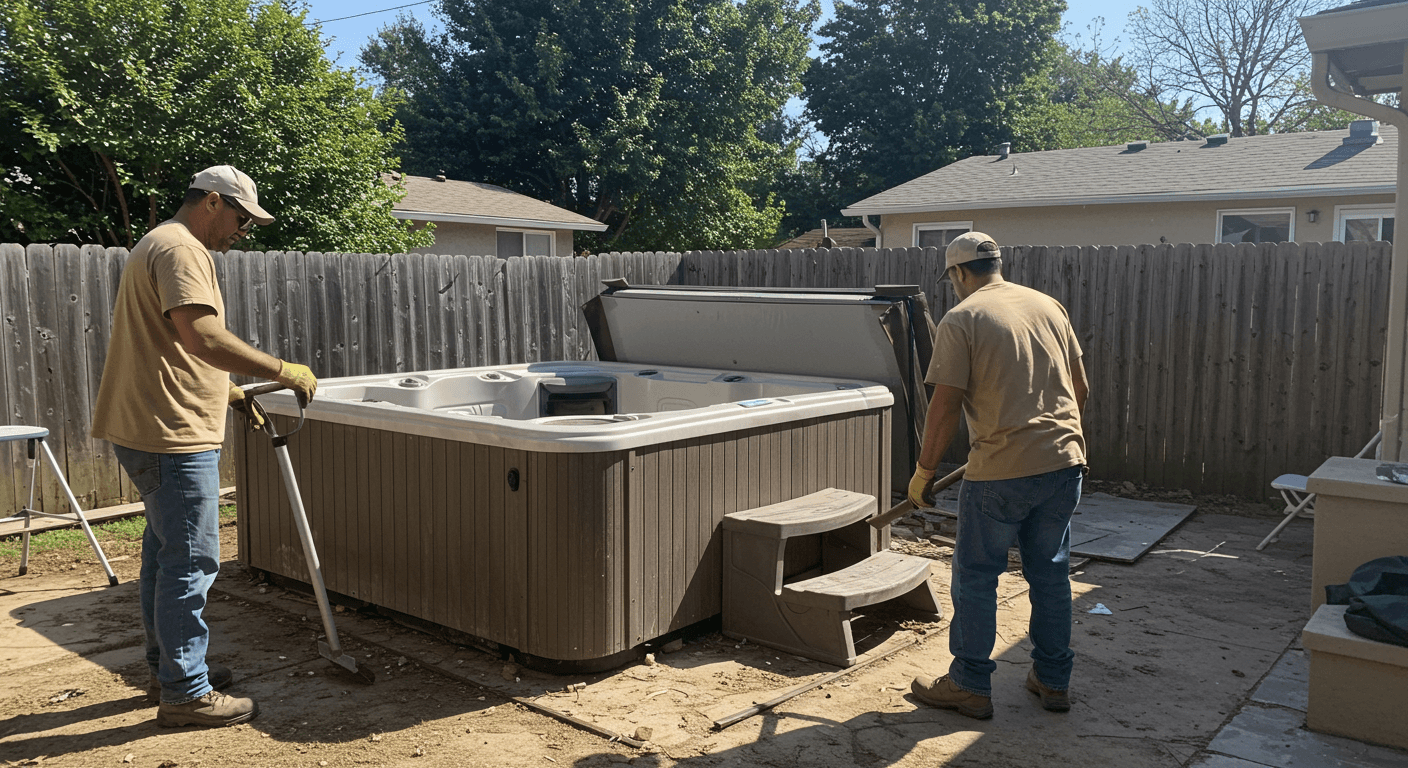 Team dismantling an old hot tub